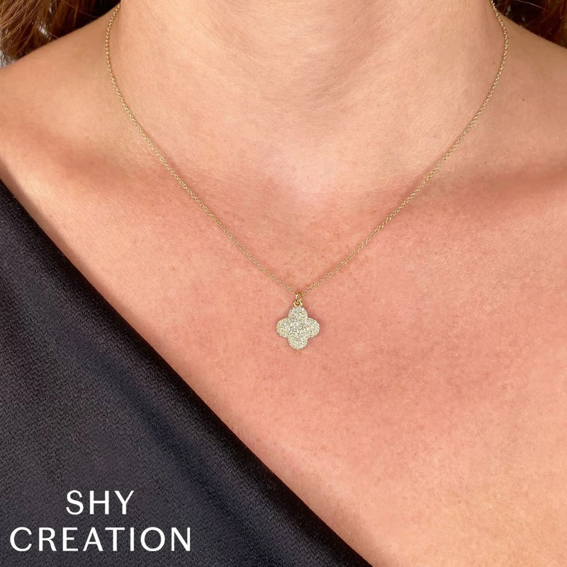 Shy Creation Jewelry - 14K Yellow Gold 0.23ct Diamond Pave Clover Necklace | Manfredi Jewels