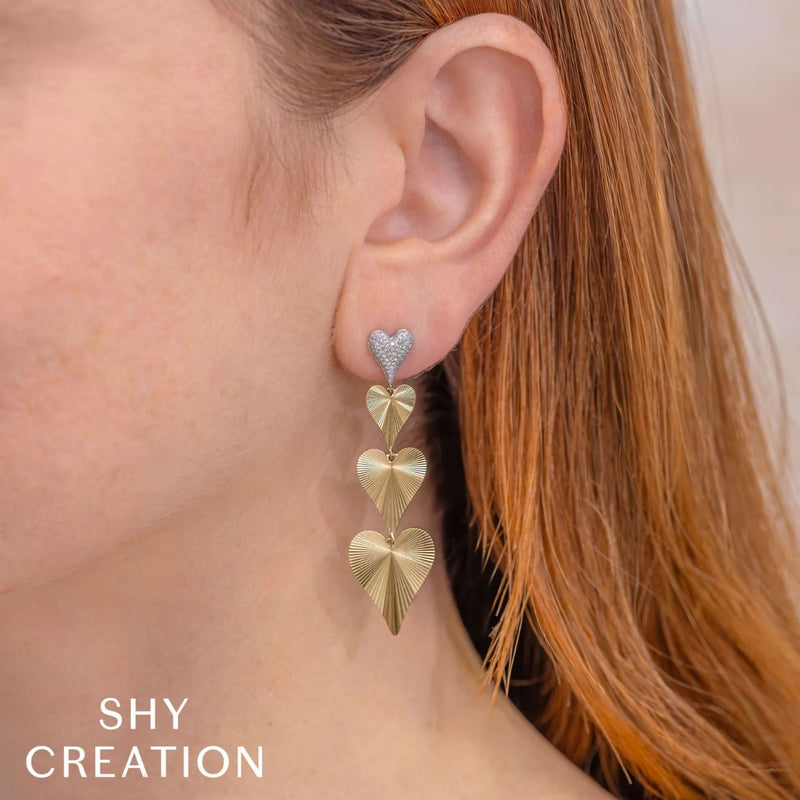 Shy Creation Jewelry - 14K Yellow Gold 0.35ct Diamond Pave Ribbed Heart Earring | Manfredi Jewels