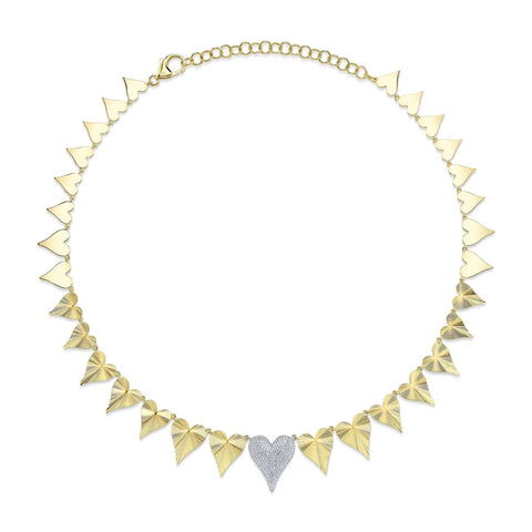 14K Yellow Gold 0.66ct Diamond Pave Ribbed Heart Necklace
