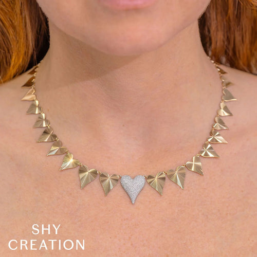 Shy Creation Jewelry - 14K Yellow Gold 0.66ct Diamond Pave Ribbed Heart Necklace | Manfredi Jewels