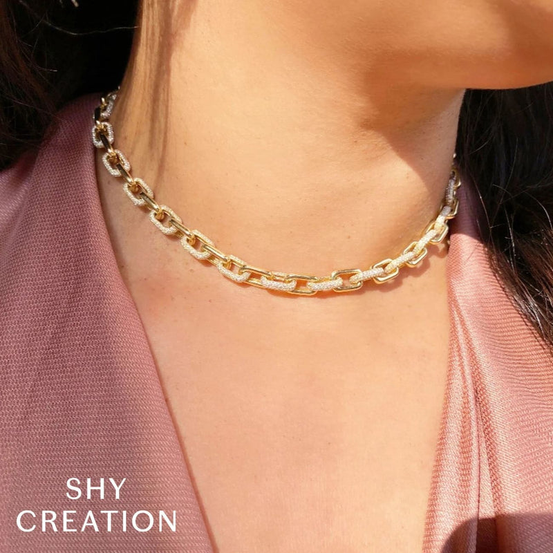 Shy Creation Jewelry - 14K Yellow Gold 9.60ct Diamond Pave Link Necklace | Manfredi Jewels