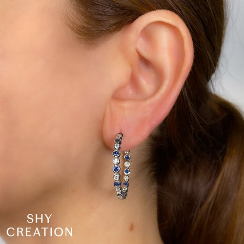 Shy Creation Jewelry - Bailey 14K White Gold Blue Sapphire & Diamond Bezel Set Hoop Earrings | Manfredi Jewels
