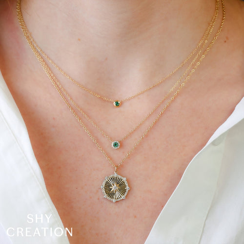 Shy Creation Jewelry - Bailey 14K Yellow Gold Center Emerald Bezel Necklace | Manfredi Jewels