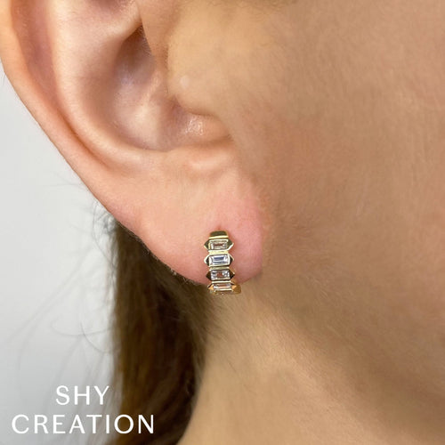 Shy Creation Jewelry - Bailey 14K Yellow Gold Diamond Baguette Huggie Earrings | Manfredi Jewels