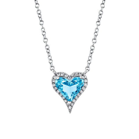 Blue Topaz Heart 14Kt White Gold 1.15Ct Blue Topaz & 0.08Ct Necklace