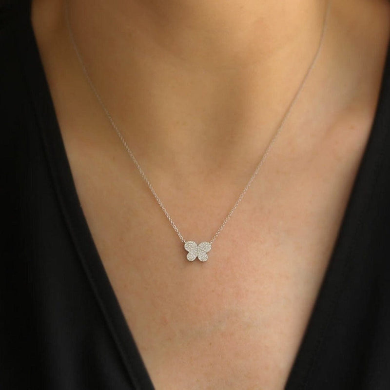 Shy Creation Jewelry - Butterfly Pendant 14Kt White Gold 0.18Ct Necklace | Manfredi Jewels