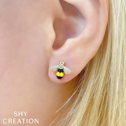 Shy Creation Jewelry - Enamel 14K Yellow Gold Diamond Bee Studs Earrings | Manfredi Jewels
