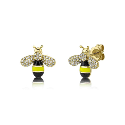 Enamel 14K Yellow Gold Diamond Bee Studs Earrings
