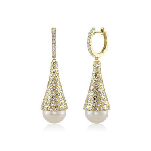 Shy Creation Jewelry - Jackie 14K Yellow Gold 1.60 ct Diamond & Cultured Pearl Hoop Drop Earrings | Manfredi Jewels