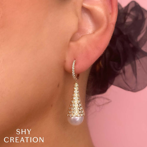 Shy Creation Jewelry - Jackie 14K Yellow Gold 1.60 ct Diamond & Cultured Pearl Hoop Drop Earrings | Manfredi Jewels