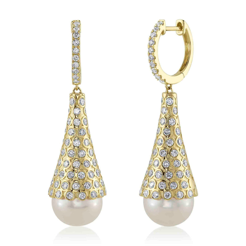 Shy Creation Jewelry - Jackie 14K Yellow Gold 1.60 ct Diamond & Cultured Pearl Hoop Drop Earrings | Manfredi Jewels