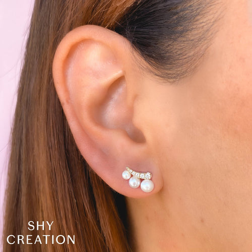 Shy Creation Jewelry - Jackie 14K Yellow Gold Cultured Pearl & Diamond Drop Stud Earrings | Manfredi Jewels