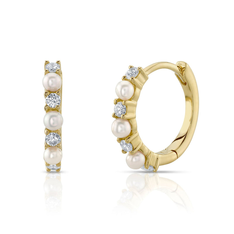 Shy Creation Jewelry - Jackie 14K Yellow Gold Cultured Pearl & Diamond Huggie Hoop Earrings | Manfredi Jewels