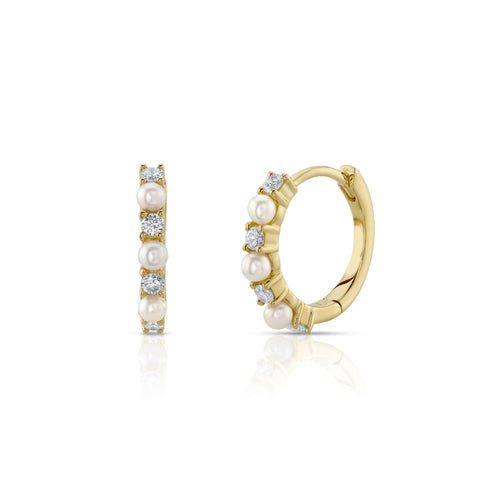 Shy Creation Jewelry - Jackie 14K Yellow Gold Cultured Pearl & Diamond Huggie Hoop Earrings | Manfredi Jewels