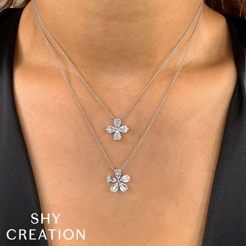 Shy Creation Jewelry - Kate 14K White Gold Diamond Baguette Flower Necklace | Manfredi Jewels