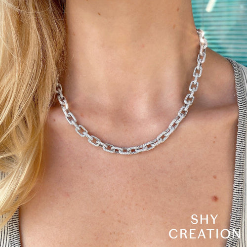 Shy Creation Jewelry - Kate 14K White Gold Diamond Pave Link Necklace | Manfredi Jewels