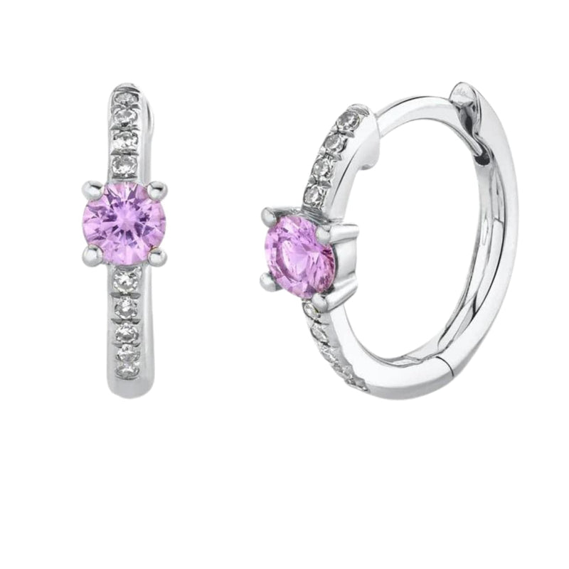 Shy Creation Jewelry - Kate 14K White Gold Diamond & Pink Sapphire Huggie Earrings | Manfredi Jewels