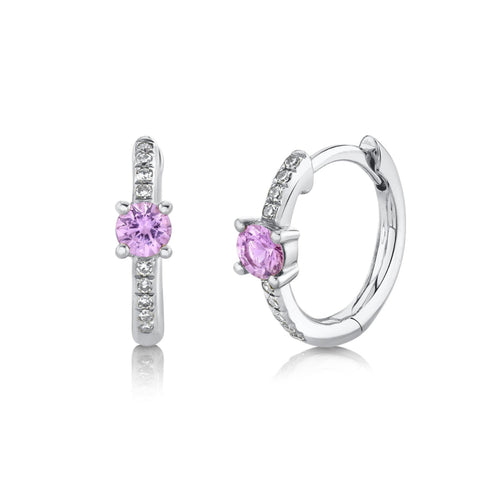 Shy Creation Jewelry - Kate 14K White Gold Diamond & Pink Sapphire Huggie Earrings | Manfredi Jewels