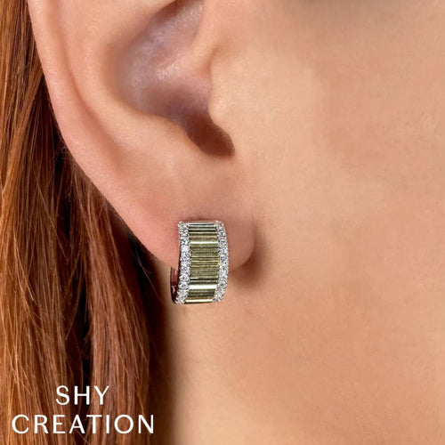 Shy Creation Jewelry - Kate 14K Yellow and White Gold Diamond Huggie Earrings | Manfredi Jewels