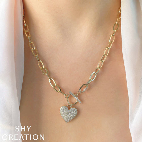 Shy Creation Jewelry - Kate 14K Yellow Gold 0.50 ct Diamond Pavé Heart on Paper Clip Link Chain Necklace | Manfredi Jewels