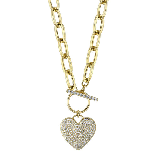 Shy Creation Jewelry - Kate 14K Yellow Gold 0.50 ct Diamond Pavé Heart on Paper Clip Link Chain Necklace | Manfredi Jewels