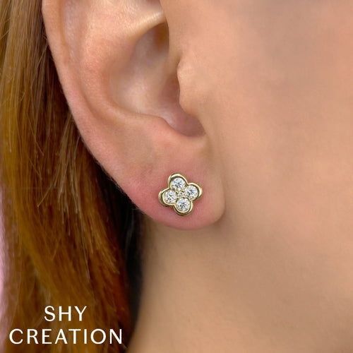 Shy Creation Jewelry - Kate 14K Yellow Gold Clover Diamond Stud Earrings | Manfredi Jewels