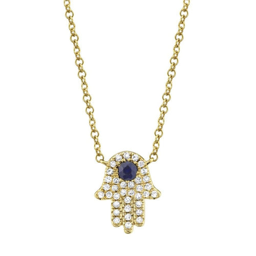 Shy Creation Jewelry - Kate 14K Yellow Gold Diamond & Blue Sapphire Hamsa Necklace | Manfredi Jewels