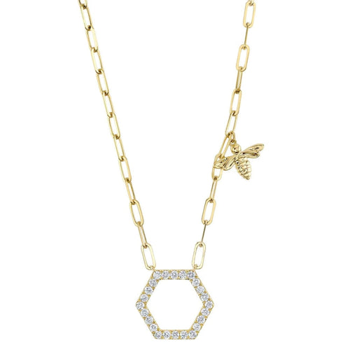 Shy Creation Jewelry - Kate 14K Yellow Gold Diamond Hexagon Bee Paper Clip Link Necklace | Manfredi Jewels
