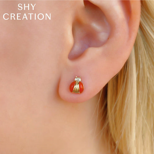 Shy Creation Jewelry - Kate 14K Yellow Gold Diamond & Red Agate Ladybug Stud Earrings | Manfredi Jewels