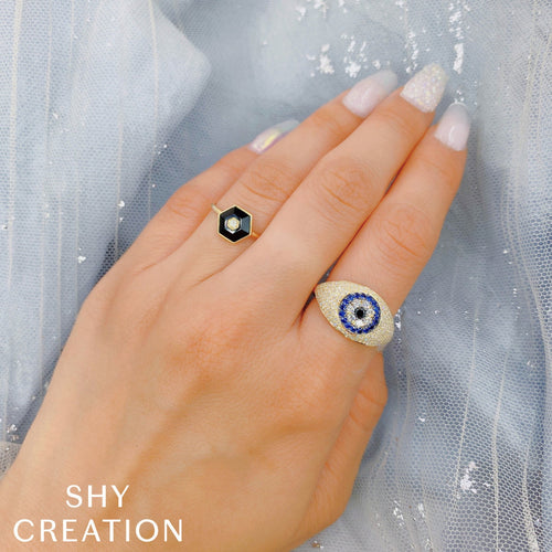 Shy Creation Jewelry - Kate 14K Yellow Gold Diamonds and Sapphires Eye Ring | Manfredi Jewels