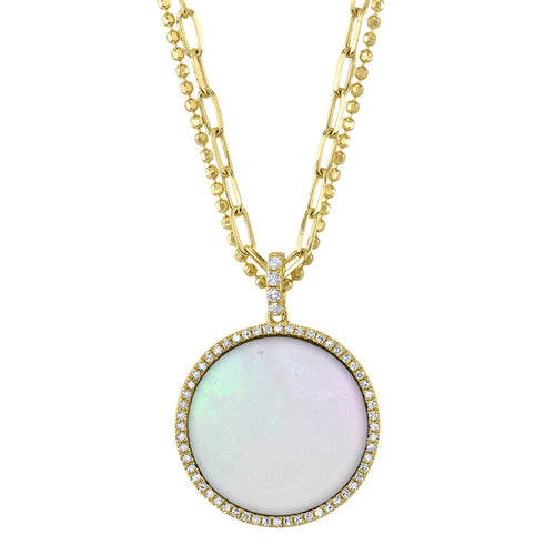 Shy Creation Jewelry - Kate 14K Yellow Gold Mother of Pearl & Diamond Pavé Circle Pendant on Paper Clip Link Faceted Double Chain Necklace