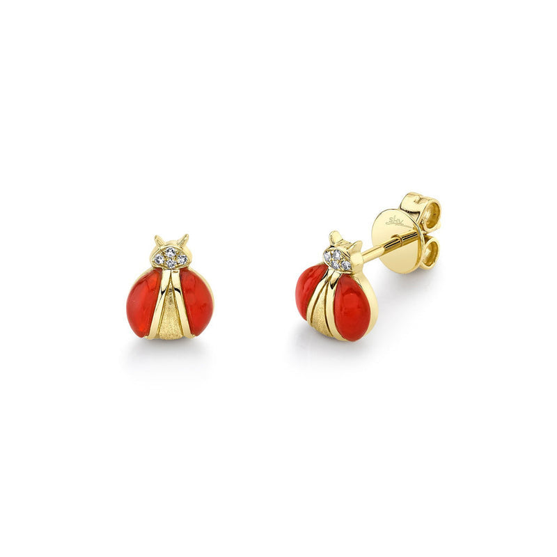 Shy Creation Jewelry - Red Agate Ladybug Yellow Gold 0.02Ct Diamonds And 0.38Ct Stud Earrings | Manfredi Jewels