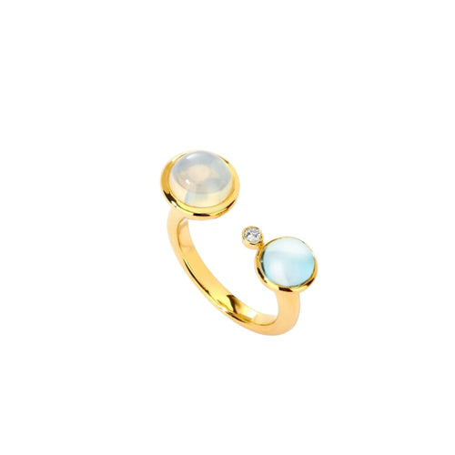 Syna Jewelry - 18K Yellow Gold Blue Topaz And Moon Quartz Champagne Diamond Ring | Manfredi Jewels