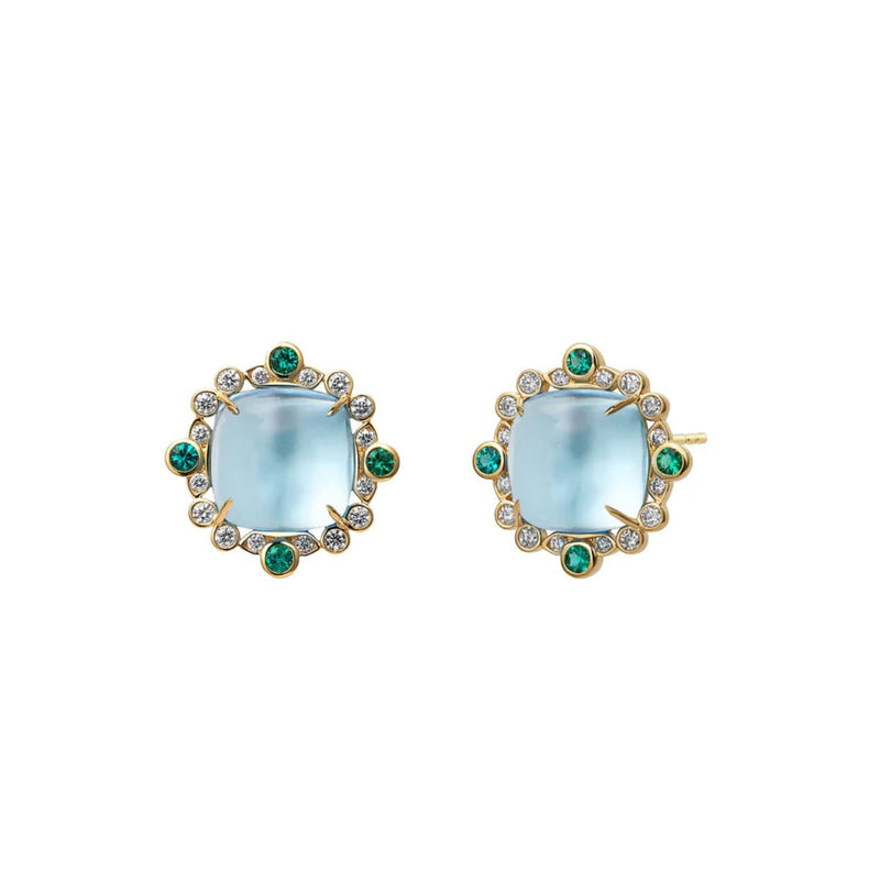 Syna Jewelry - 18K Yellow Gold Blue Topaz Emerald & Diamond Sugarloaf Cabochon Earrings | Manfredi Jewels