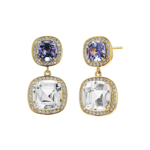 18K Yellow Gold Mogul Tanzanite Rock Crystal Diamond Earrings