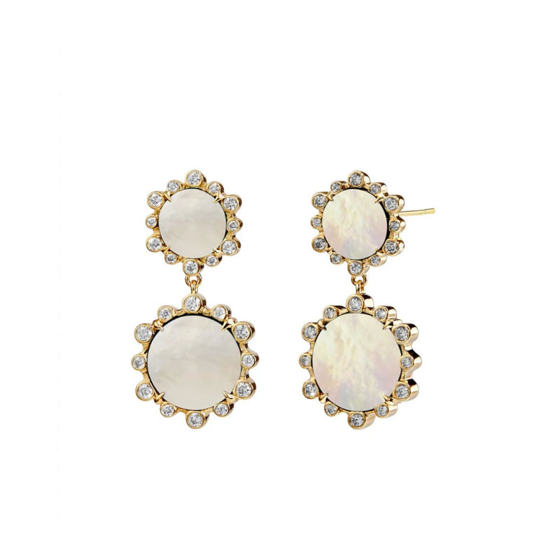 Syna Jewelry - 18K Yellow Gold Mother of Pearl & Diamond Double Drop Earrings | Manfredi Jewels