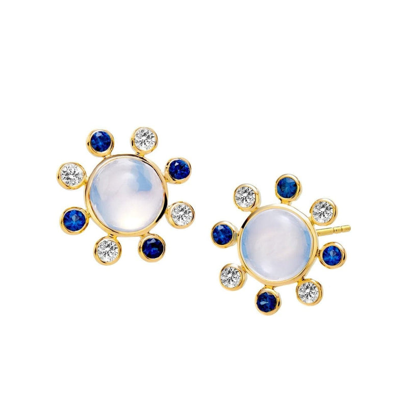 Syna Jewelry - Baubles Collection With Cabochan Moon Quartz Alternating Blue Sapphires And Champagne Diamond 18K Yellow Gold Stud Earrings