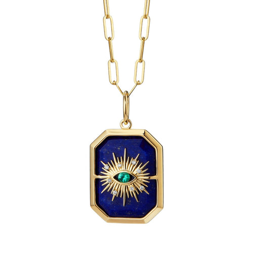 Syna Jewelry - Chakra 18K Yellow Gold Emerald Evil Eye on Lapis & Diamond Pendant | Manfredi Jewels