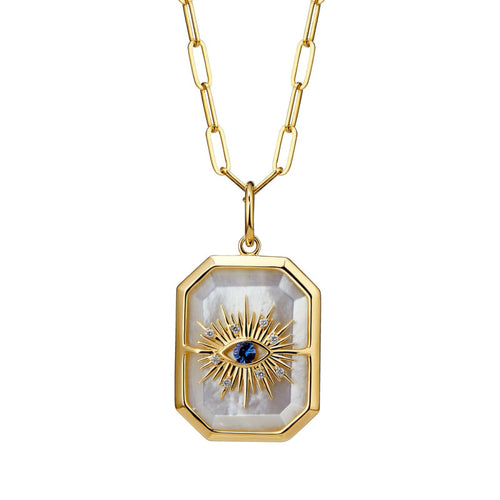 Syna Jewelry - Chakra 18K Yellow Gold Sapphire Evil Eye on Mother of Pearl & Diamond Pendant | Manfredi Jewels