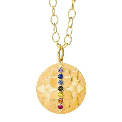 Chakra 18K Yellow Gold Rainbow Sapphire Lotus Pendant