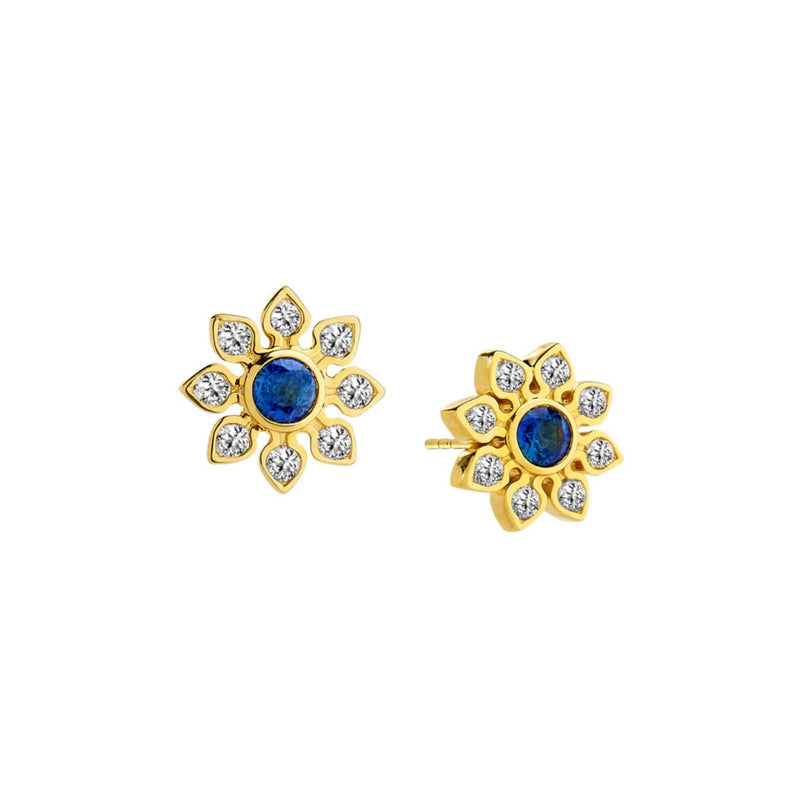 Syna Jewelry - Cosmic 18K Yellow Gold Diamond & Blue Sapphire Flower Studs | Manfredi Jewels