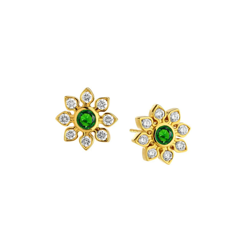 Syna Jewelry - Cosmic 18K Yellow Gold Diamond & Emerald Flower Studs | Manfredi Jewels