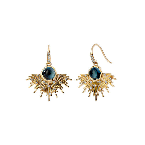 Syna Jewelry - Cosmic 18K Yellow Gold Gemstone London Blue Topaz Diamond Dangle Earrings | Manfredi Jewels