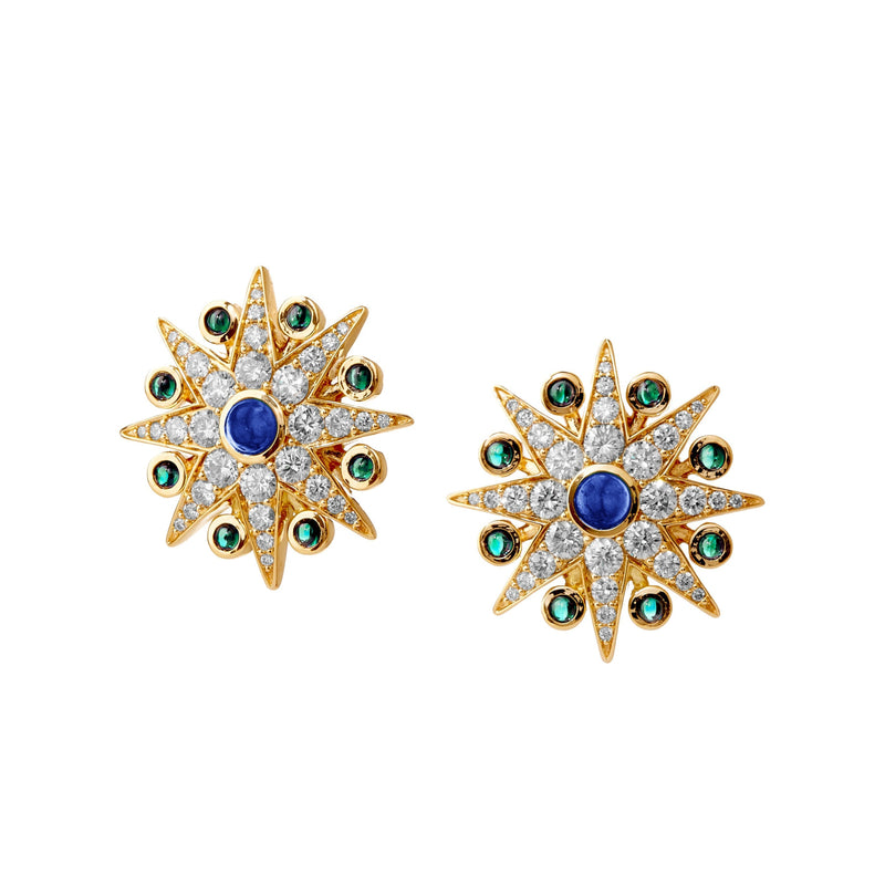 Syna Jewelry - Cosmic 18K Yellow Gold Gemstone Sapphire & Emerald Starburst Diamond Earrings | Manfredi Jewels