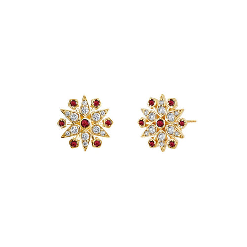 Syna Jewelry - Cosmic 18K Yellow Gold Rubies & Diamonds Small Starburst Studs | Manfredi Jewels