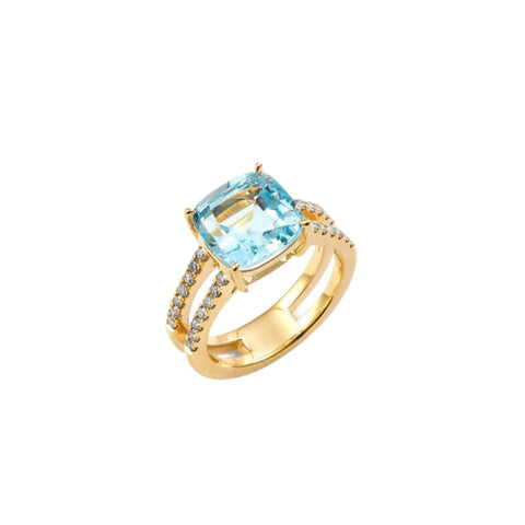 Geometrix 18K Yellow Gold Cushion Blue Topaz & Diamond Ring