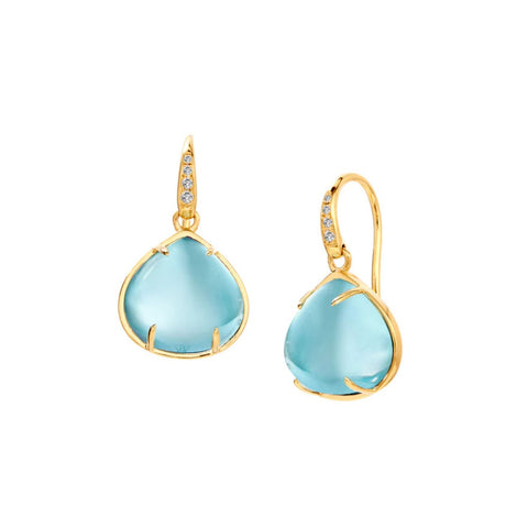 Heart Cabochon 18K Yellow Gold Blue Topaz & Diamond Earrings