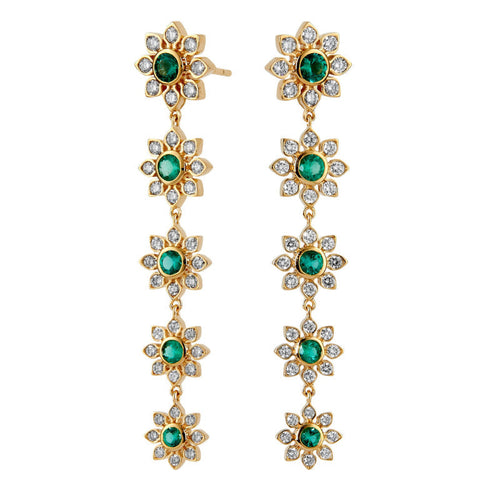 Syna Jewelry - Mogul 18K Yellow Gold Flower Emerald & Diamond Drop Earrings | Manfredi Jewels