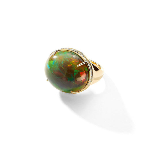 Syna Jewelry - Mogul 18K Yellow Gold Olive Green Ethiopian Opal & Diamond Ring | Manfredi Jewels