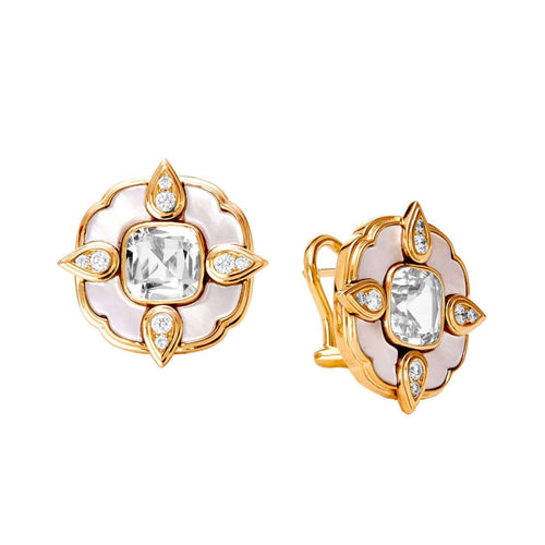 Syna Jewelry - Mogul 18K Yellow Gold Rock Crystal Mother Of Pearl & Diamond Earrings | Manfredi Jewels